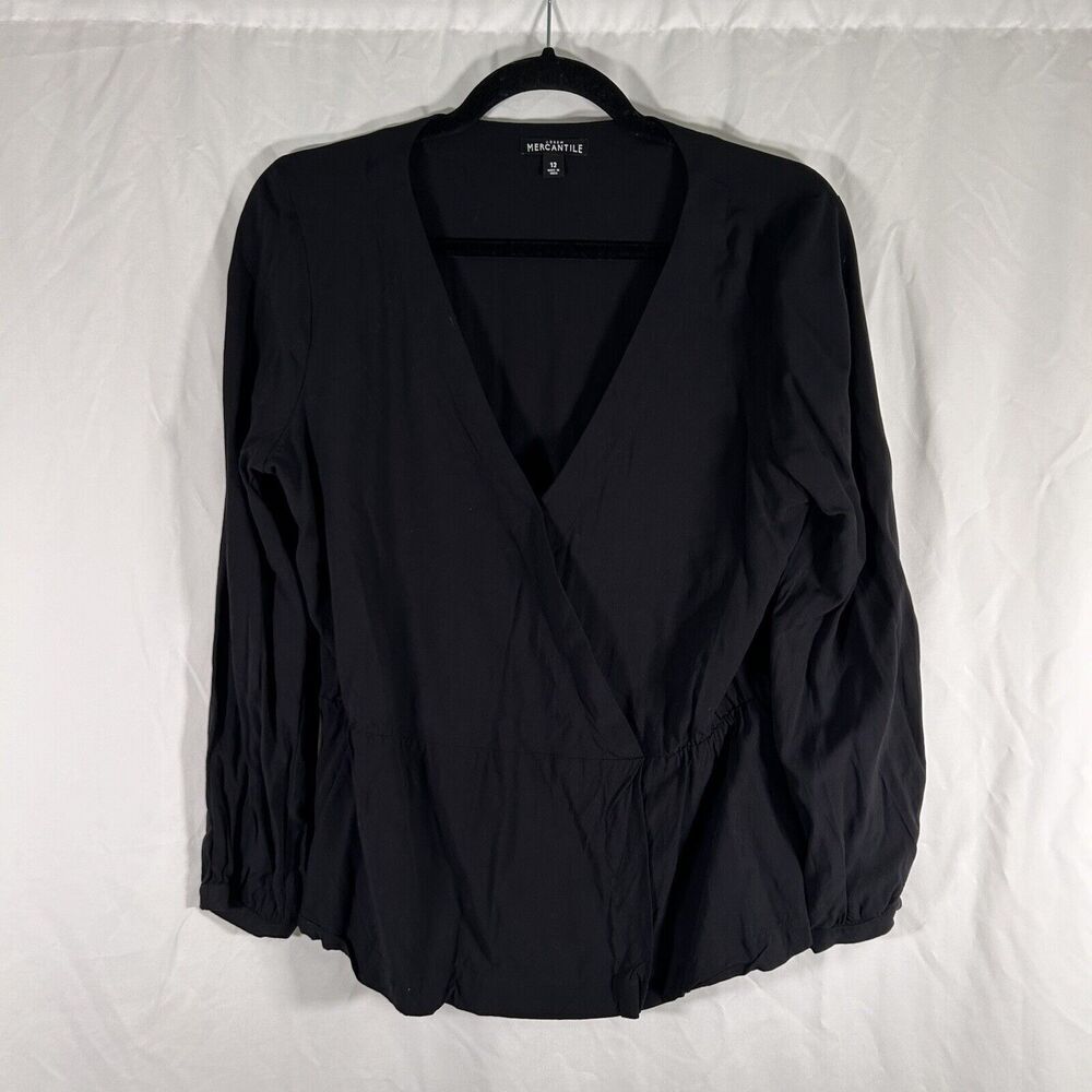 J Crew Mercantile Blouse Women's 12 Black Vneck Long Sleeve Rayon Lightweight